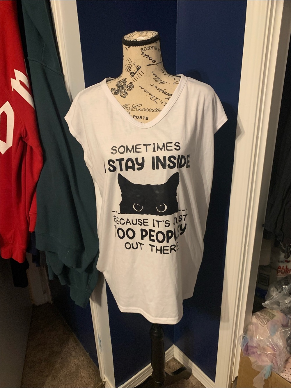 White Cat Graphic Pet-Themed Tee - Sometimes I Stay Inside